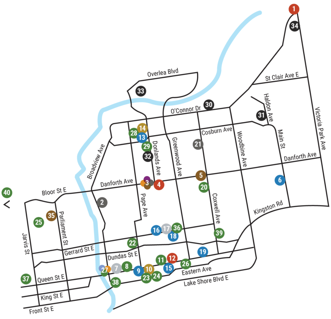 Map of East Toronto, with streets spanning from Jarvis Street to Victoria Park Ave, and Lake Shore Blvd E to Overlea Blvd. Included on the map are 40 circles showing the WoodGreen locations within this area.