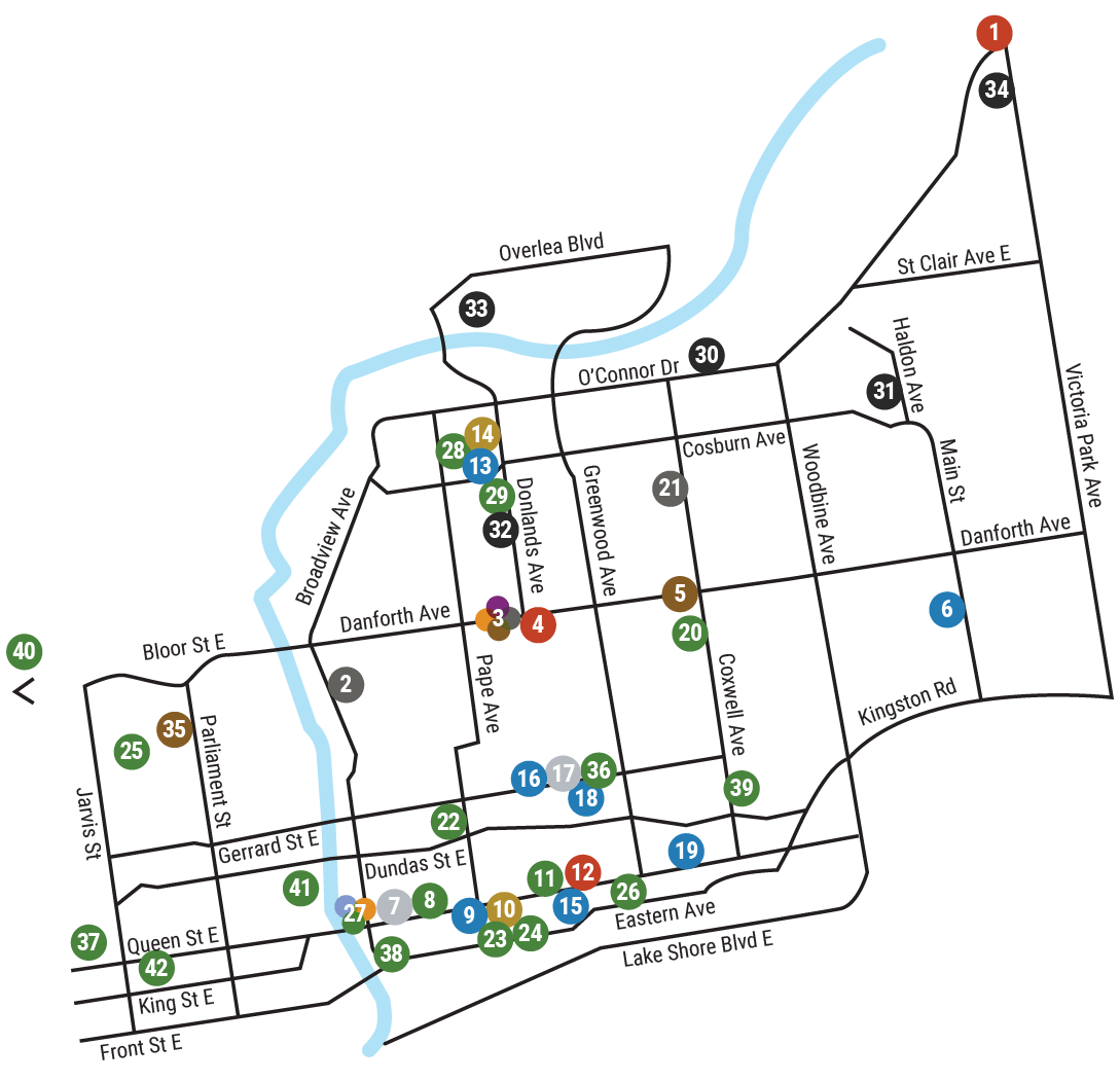 Map of East Toronto, with streets spanning from Jarvis Street to Victoria Park Avenue, and Lake Shore East to Overlea Boulevard. Included on the map are 42 circles showing the WoodGreen locations within this area.